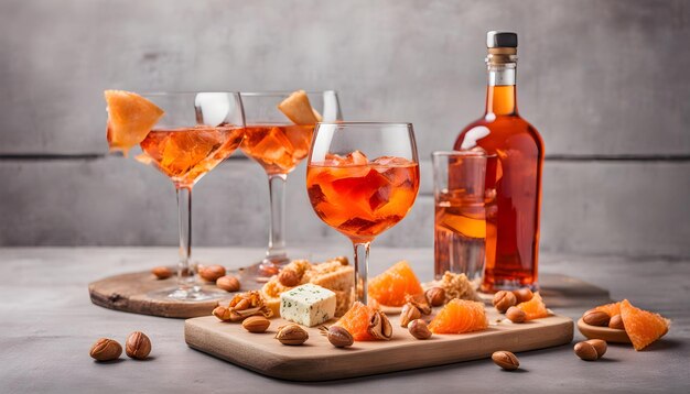 a bottle of wine and some food on a cutting board with a bottle of wine and nuts