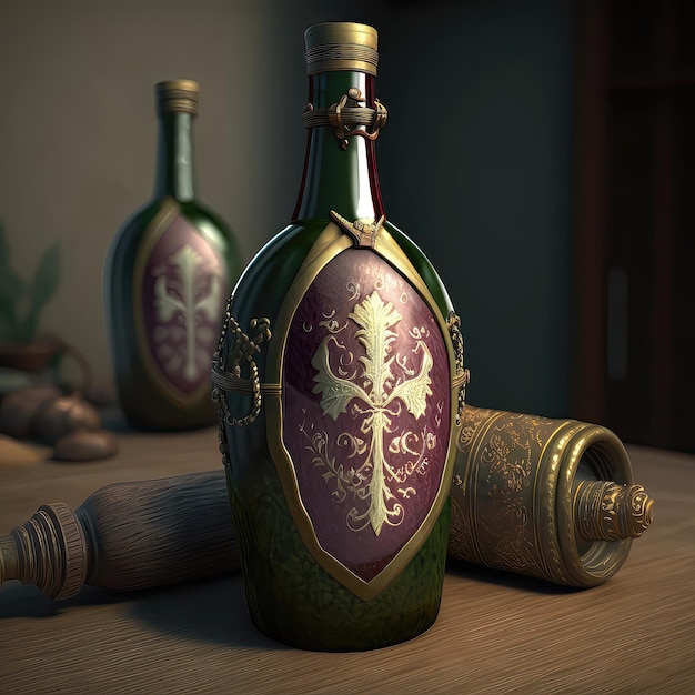 A bottle of wine on a table with an ornament in the style of the Middle Ages Alcohol winemaking luxury wine cellar fermentation product wax seal art generative artificial intelligence