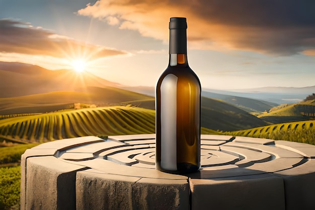 A bottle of wine on a table with a sunset in the background