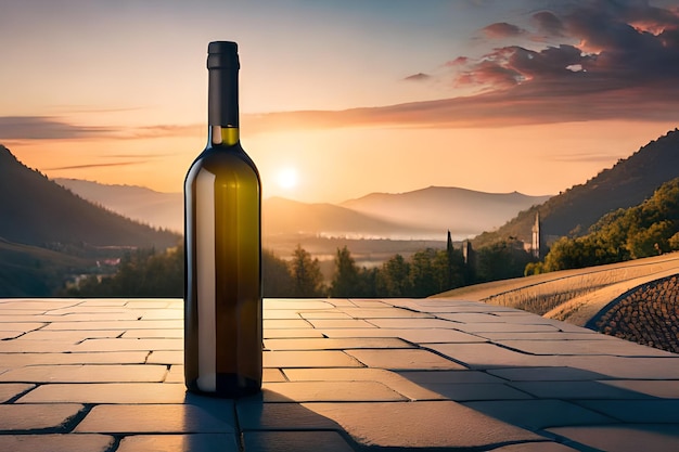 A bottle of wine on a tile floor with a sunset in the background.