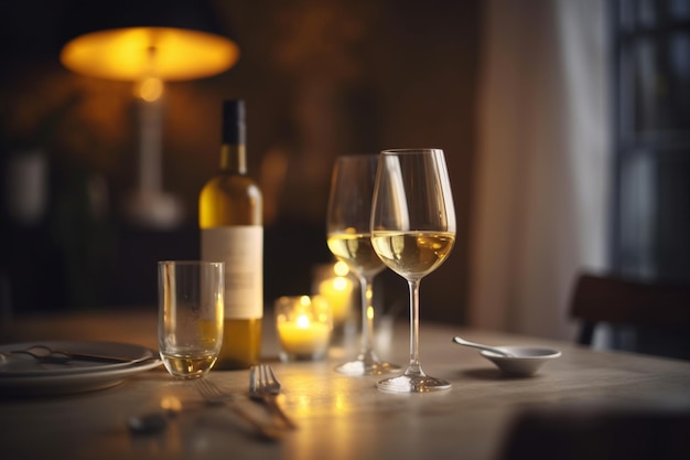 배경에 촛불이 켜진 테이블 위에 와인 한 병과 두 잔.