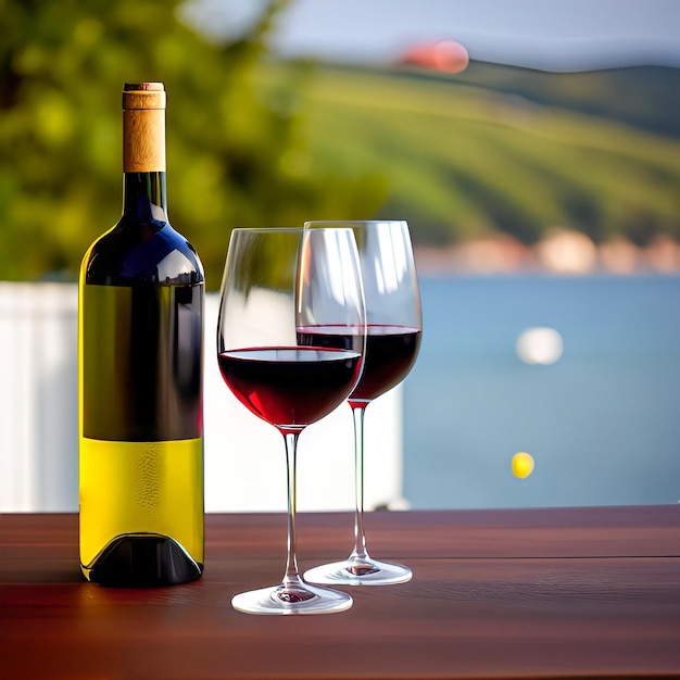 A bottle of wine and two glasses of wine are on a table Vacation