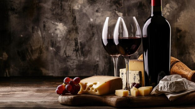 A bottle of wine and two glasses of wine with cheese and grapes