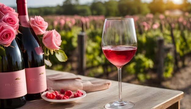 a bottle of wine next to a wine glass with a rose and a bottle of wine