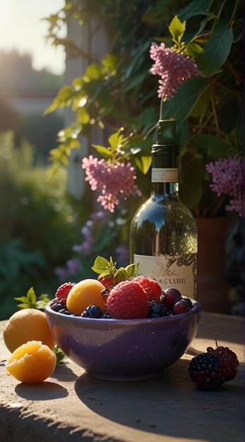 Foto una bottiglia di vino con un mucchio di bacche in esso