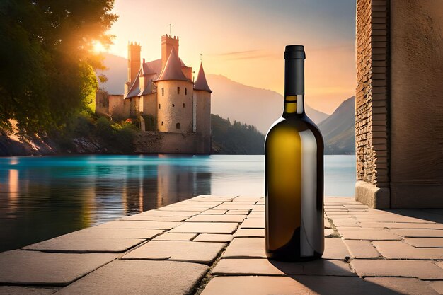 A bottle of wine with a castle in the background