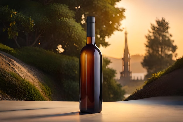 A bottle of wine with a church in the background