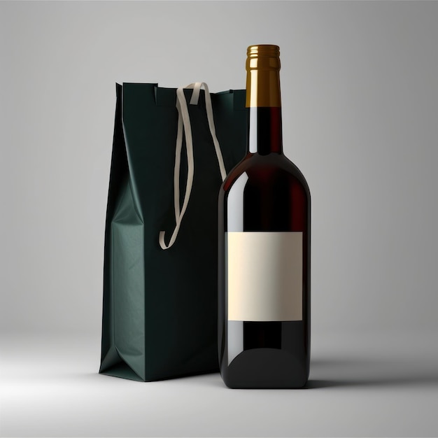 Bottle of wine with empty label and bag Mockup