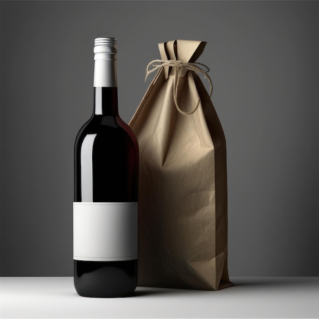 Bottle of wine with empty label and bag Mockup