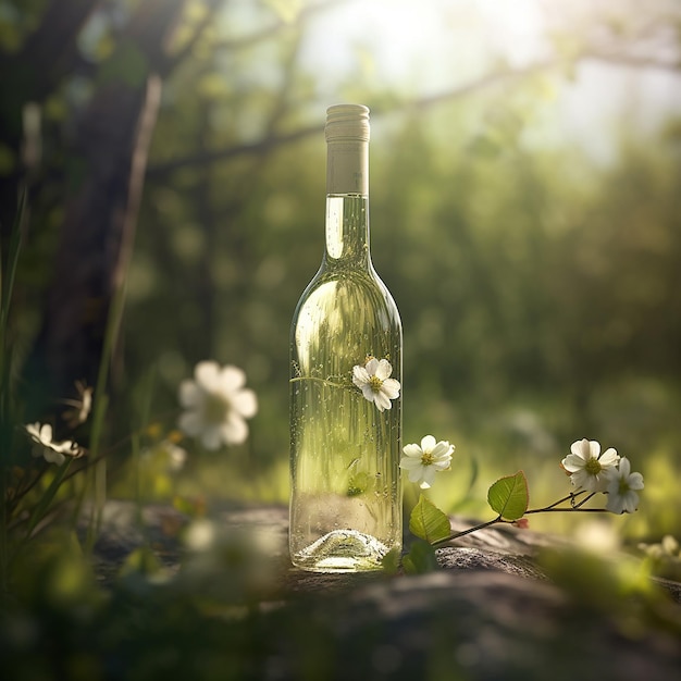 A bottle of wine with flowers in the background