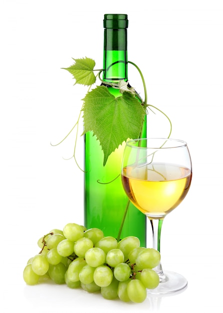 Bottle of wine with glass and grape branch isolated