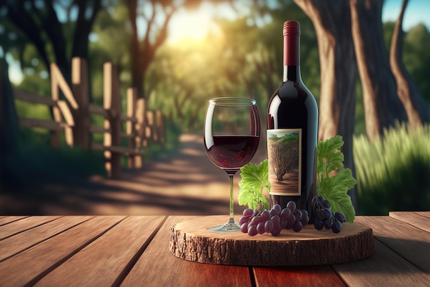 A bottle of wine with a glass of wine on a wooden table.