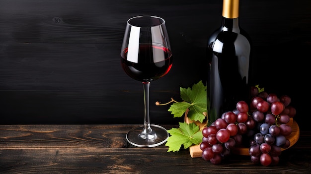 A bottle of wine with glasses and grapes on a black wooden background