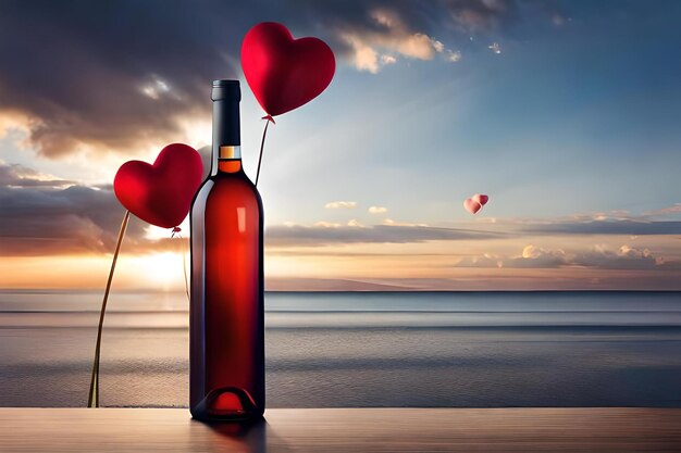 A bottle of wine with hearts in the background