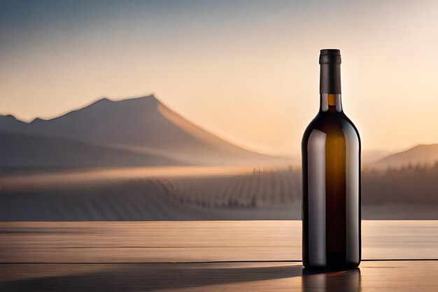 A bottle of wine with a mountain in the background