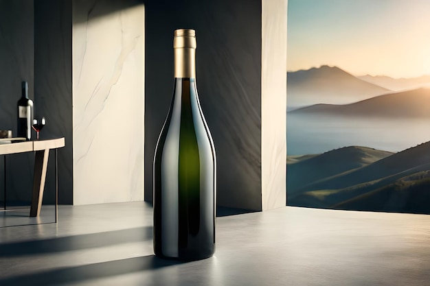 A bottle of wine with a mountain view in the background