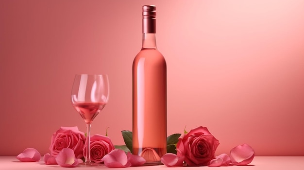 A bottle of wine with a rose on the bottomgenerative ai