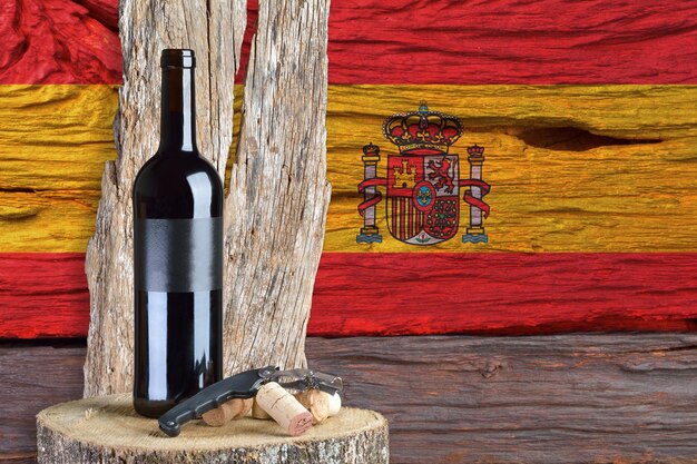 Bottle of wine with Spain flag in the background