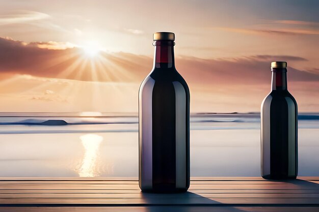 a bottle of wine with the sun behind it