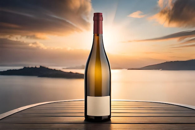 A bottle of wine with a sunset in the background