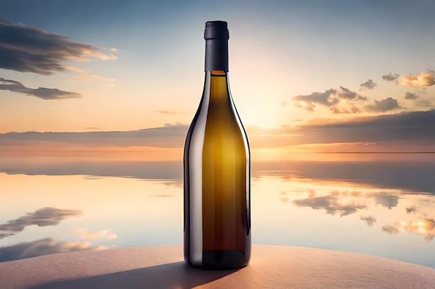 A bottle of wine with a sunset in the background