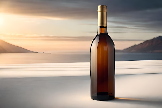 A bottle of wine with a sunset in the background