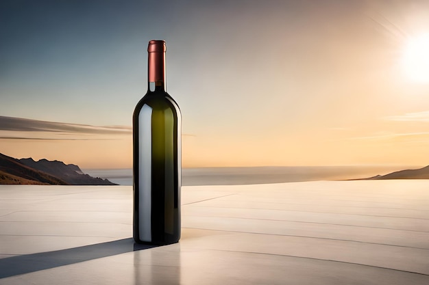 A bottle of wine with a sunset in the background