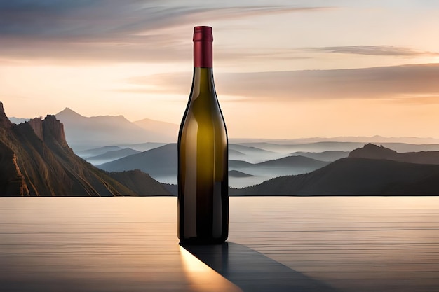 A bottle of wine with a sunset in the background