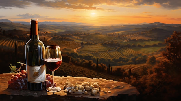 A bottle of wine with a view of the vineyards photo