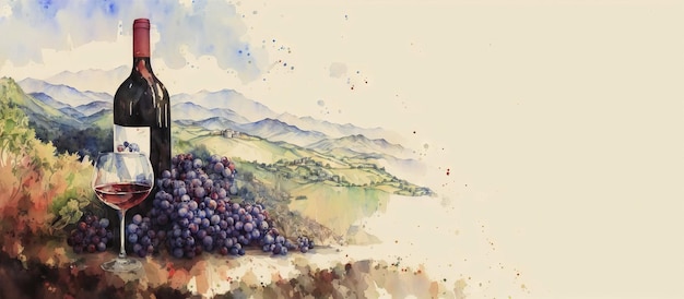 Foto una bottiglia di vino con un vigneto sullo sfondo di una piantagione disegno generativo ai