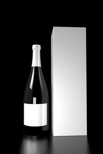 A bottle of wine with a white box and berries on the side.