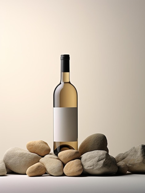 「ワイン」と書かれた白いラベルが付いたワインのボトル。