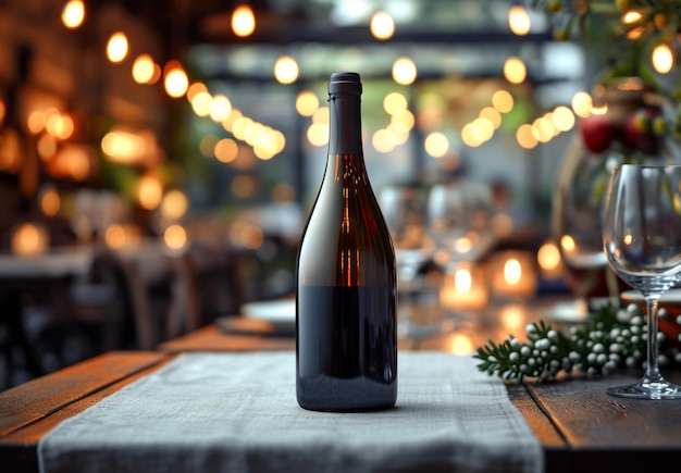 Bottle of wine on wooden table background wine shop