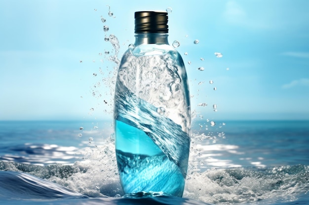 Photo bottle with blue liquid flies into the shallow water with a splash and sea on summer