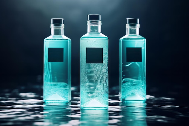 Bottle with blue liquid standing on wet table surface on dark background Cosmetics concept