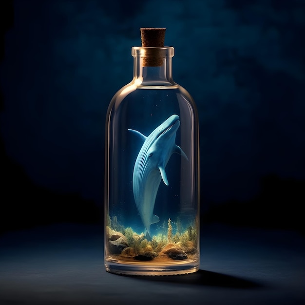 A bottle with a blue whale in it