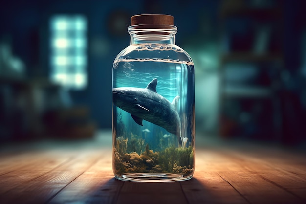 A bottle with a blue whale in it