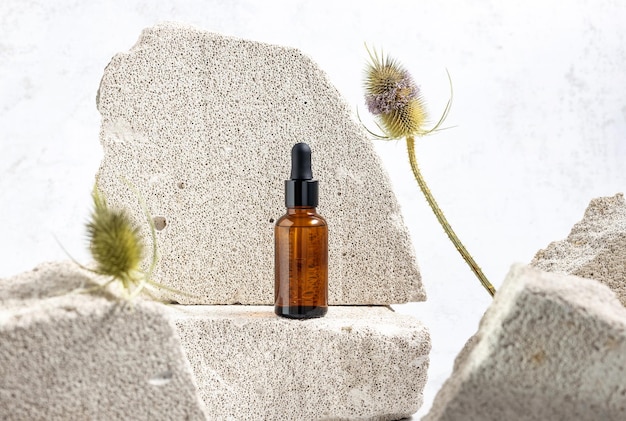 Bottle with an essential oil pipette on a podium made of stones and prickly inflorescence