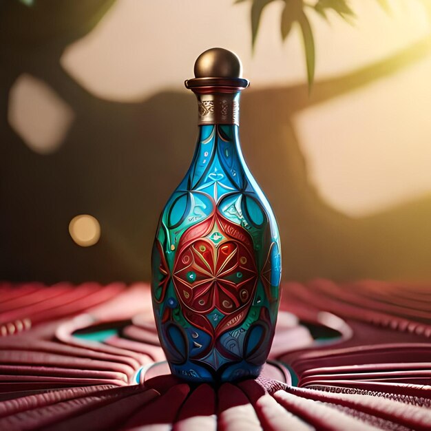 A bottle with a flower design on it is on a table.