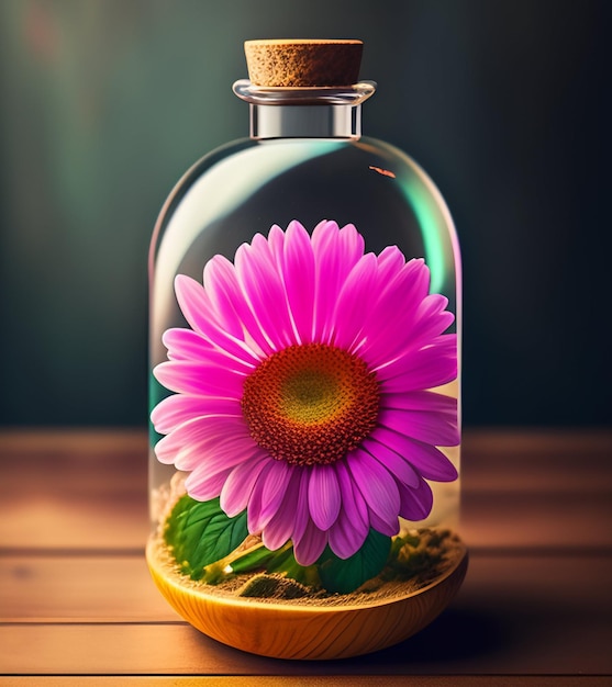 A bottle with a flower inside of it that says " pink ".