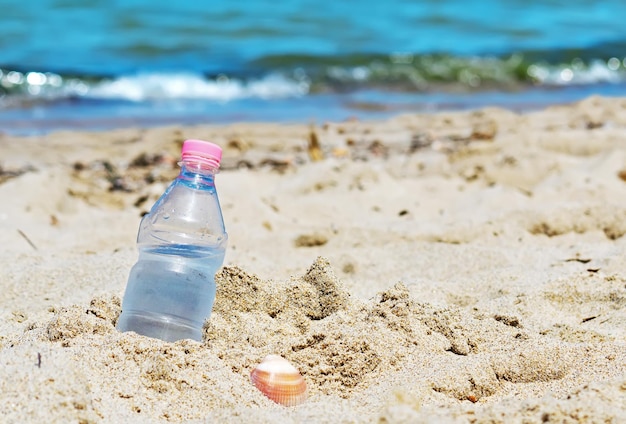 Bottle with fresh water stuck in the sand