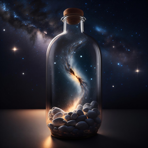 A bottle with a galaxy and stars on it