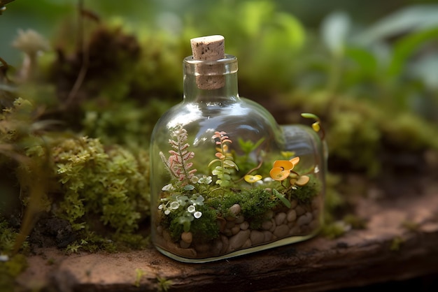 Bottle with garden inside Fairytale background Generated AI