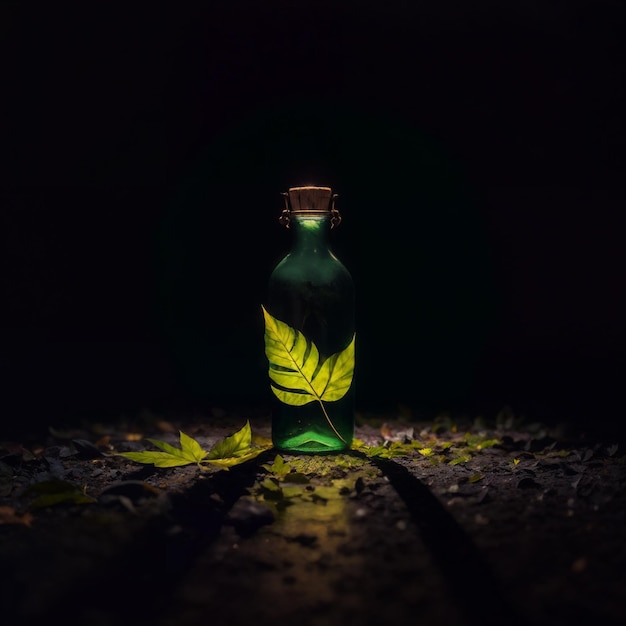 A bottle with a green lleaf inside on a black background