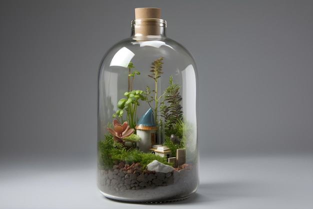 Bottle with green plants and house inside on a gray background Fairytale background Generated AI