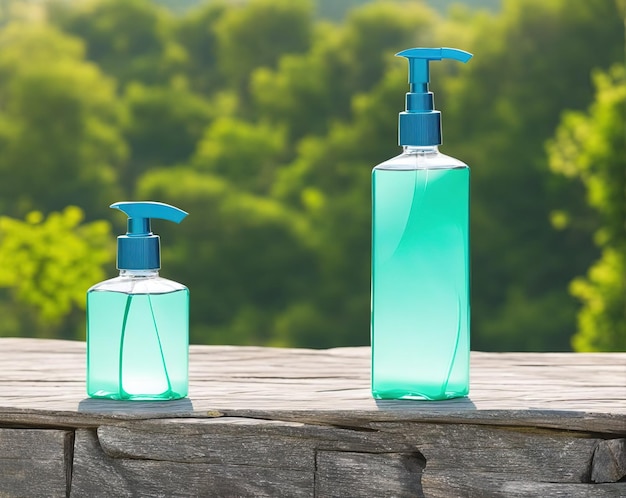 bottle with green water and sea background with white empty board and blue sky