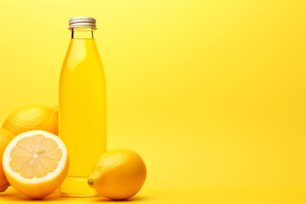 Bottle with lemon on yellow background fruits healthy fitness ad bottle drink