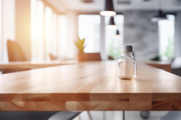 A bottle with a lid sits on a table in a room with a window in the background.