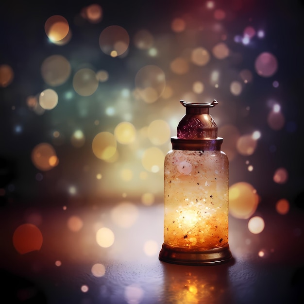 A bottle with a light on it in front of a blurry background with bokeh lights.