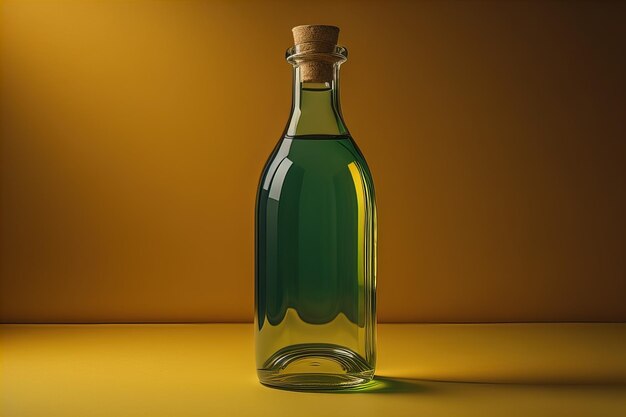 Bottle with a liquid on a solid color background ai generative
